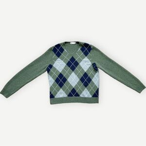 J. Crew Vintage 100% Wool Green Argyle V-Neck Knit Pullover Sweater. XL.